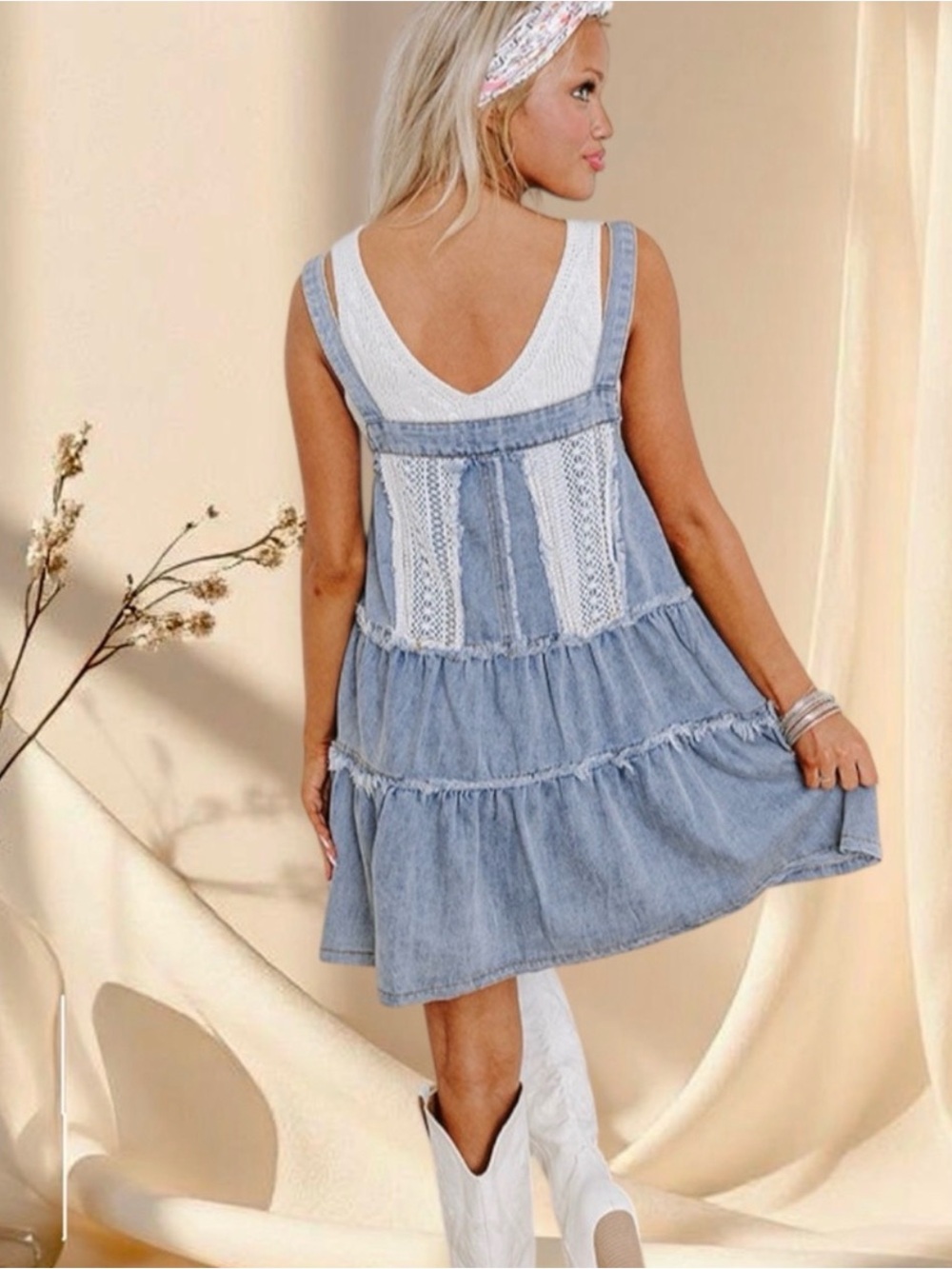 POL Denim Overall Mini Dress Crochet Tiered Boho Jumper Pinafore - Picture 5 of 8
